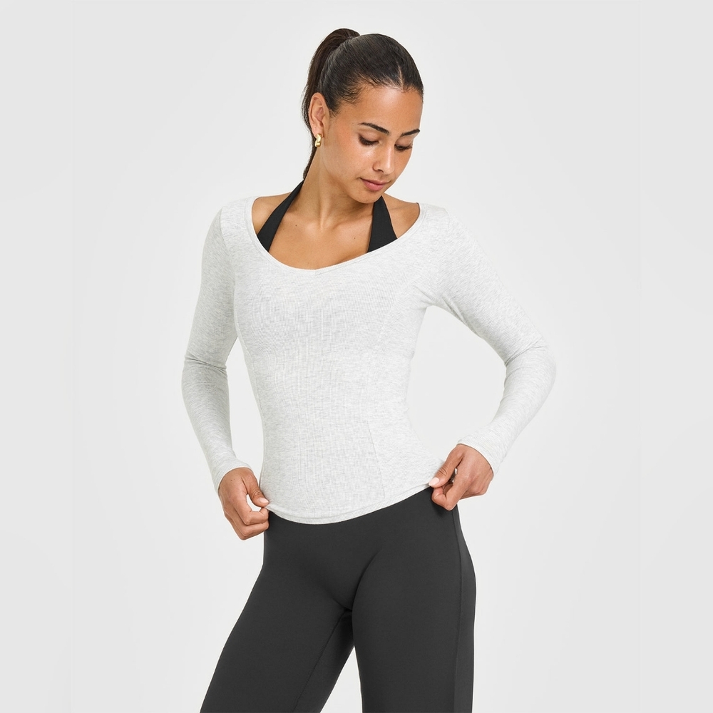 nwt mellow rib v neck long sleeve top light grey marle sz xs